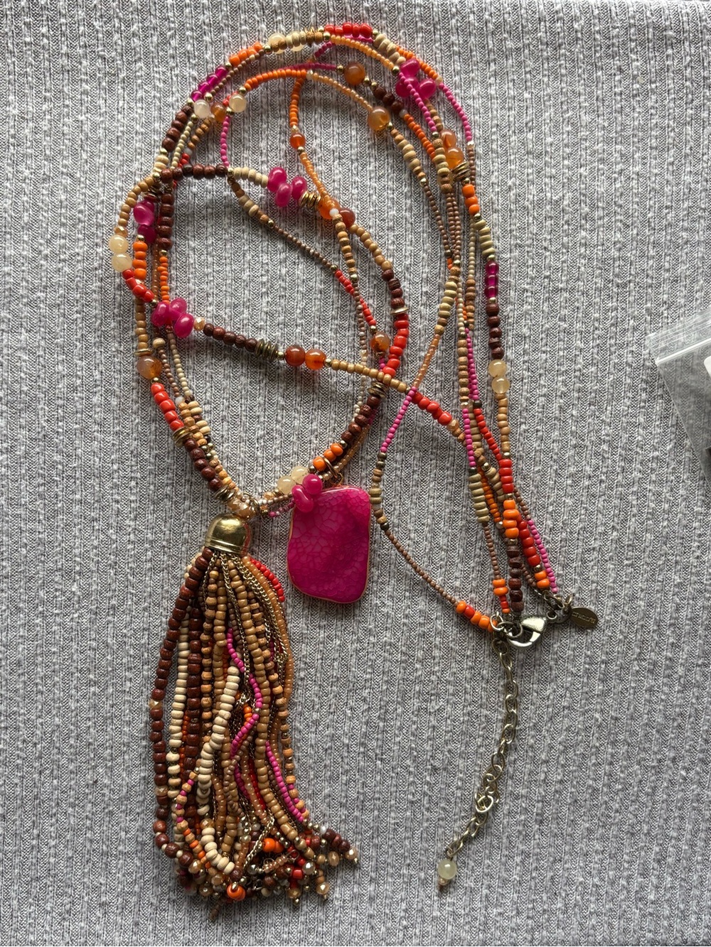 Bohemian Chico’s signed 3-stranded brown, white, orange & pink beaded necklace